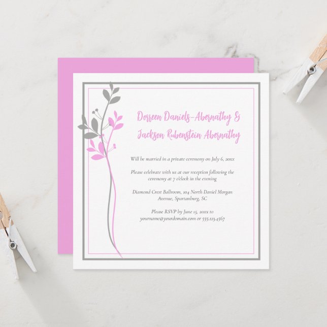 Invitación Recepción Únicamente Botánico Moderno Rosa y Gris  (Anverso/Reverso In Situ)