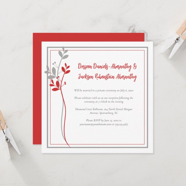 Invitación Recepción Únicamente Moderna Botánica Roja y Gris  (Anverso/Reverso In Situ)