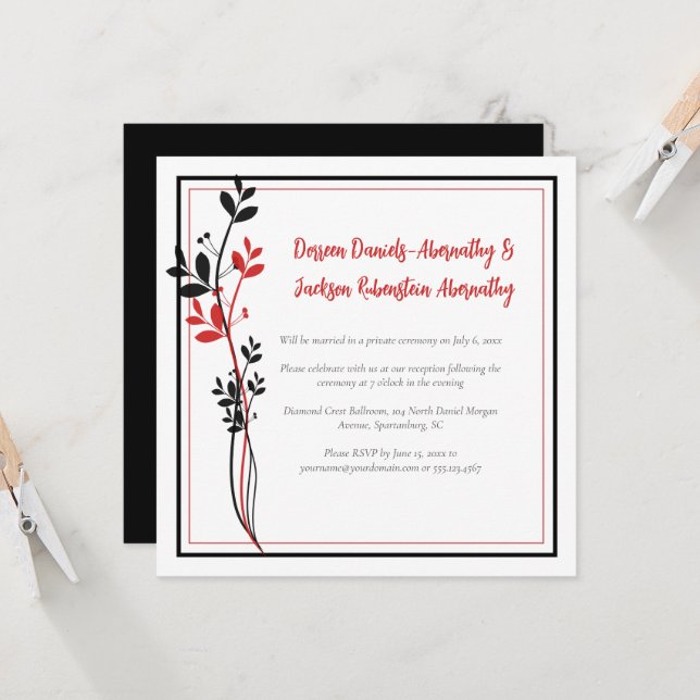 Invitación Recepción Únicamente Moderna Botánica Rojo y Negro (Anverso/Reverso In Situ)