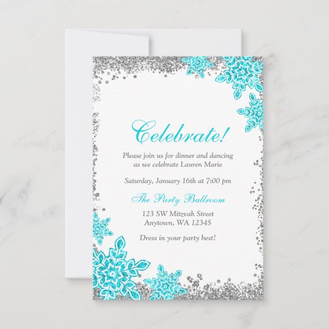 Invitación Recepción Verde azulada Bat Mitzvah Glam Winter Wo (Anverso)
