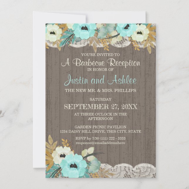 Invitación Recepción verde azulada de Boda Rústica Floral y d (Anverso)