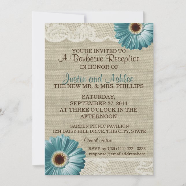 Invitación Recepción verde azulada de Bodas de Daisy y Burlap (Anverso)