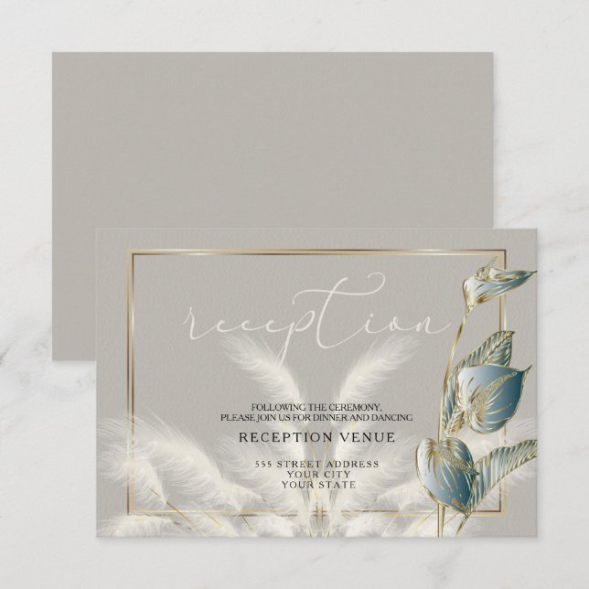 Invitación Recepción verde azulada Foliage Gold Ivory Pampas  (Anverso / Reverso)