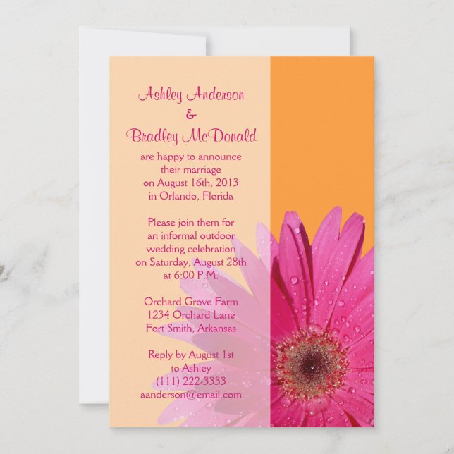 Invitación Reception de Boda de Gerbera Naranja Rosa Solo (Anverso)