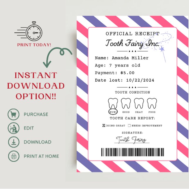 Invitación Receptor de hadas dental impresible (tooth fairy receipt, tooth fairy note, tooth fairy delay notification, tooth fairy)