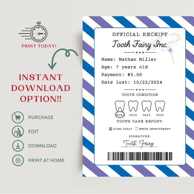 Invitación Receptor de hadas dental impresible (tooth fairy receipt, tooth fairy note, tooth fairy delay notification, tooth fairy)