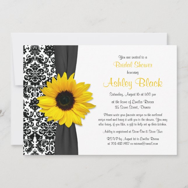 Invitación Receta de girasol amarillo Damask Ducha de novia (Anverso)