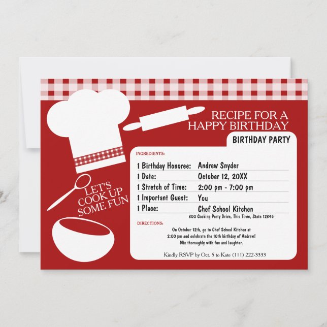 Invitación Receta de la fiesta de cumpleaños de cocina (Anverso)