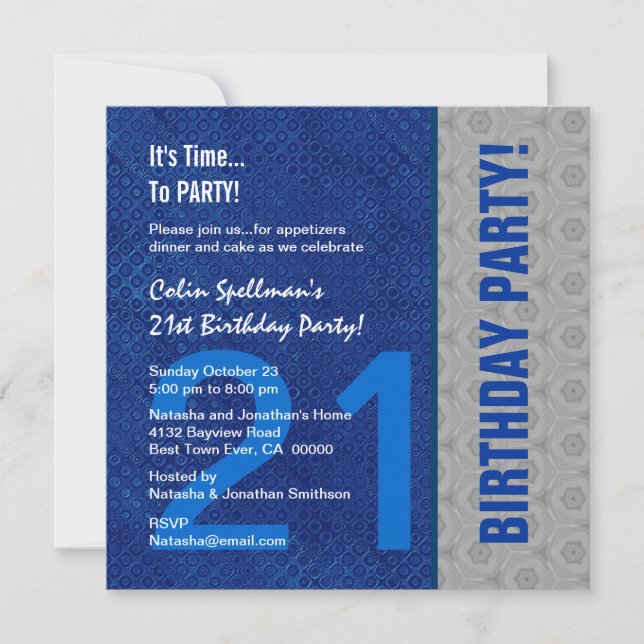 Invitación Reciclado del patrón azul y plata de cumpleaños 21 (Anverso)