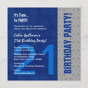 Invitación Reciclado del patrón azul y plata de cumpleaños 21