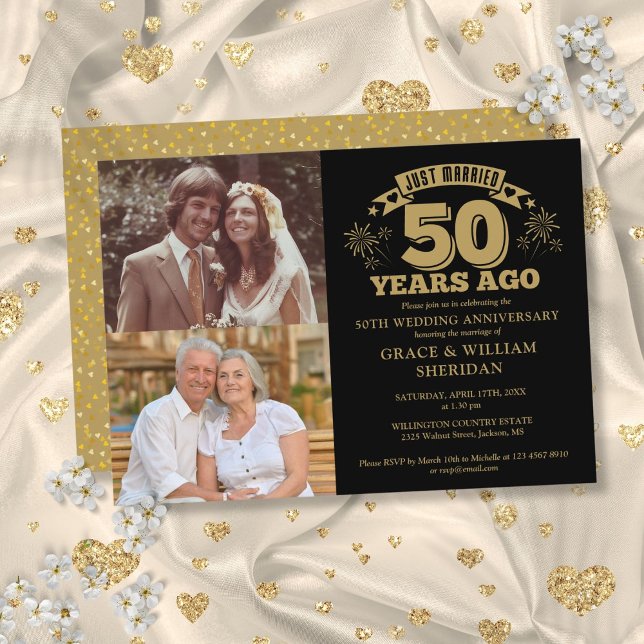 Invitación Recién casados 50 aniversario 2 fotos oro negro (Just Married 50th Anniversary 2 Photo Gold Black Invitation)