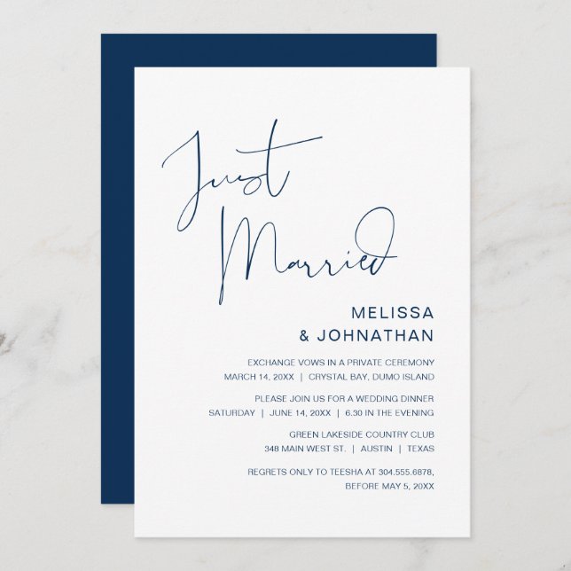 Invitación Recién Casados, Fiesta de Boda Fugaz, Azul Marino (Anverso / Reverso)