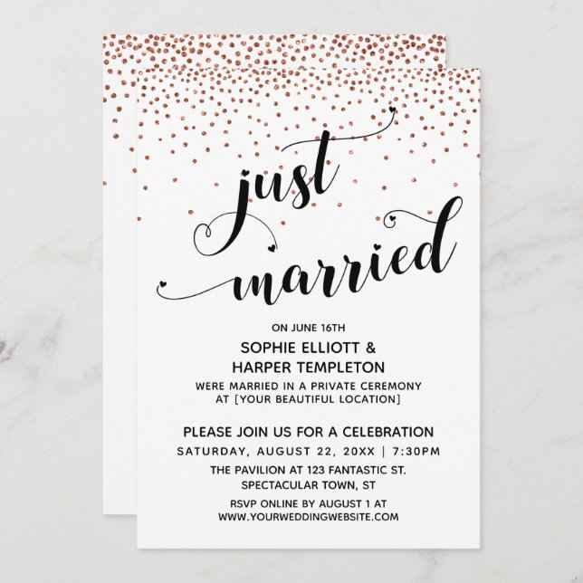 Invitación Recién Casados Guión de Cobre Confeti Solo Recepci (Anverso / Reverso)