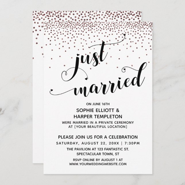 Invitación Recién Casados Guión Rosa Confeti Recepción Dorado (Anverso / Reverso)