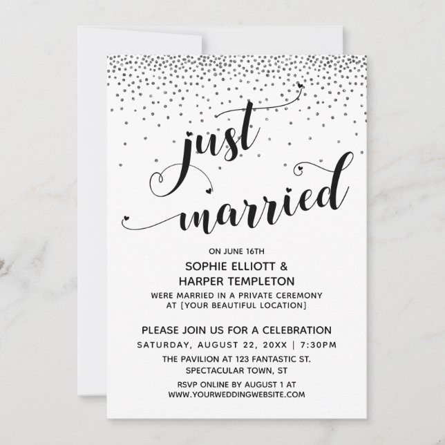 Invitación Recién Casados Letrero Plateado Confeti Solo para  (Anverso)