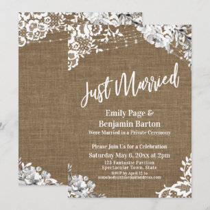 Invitación Recién Casados País Arpillera Encaje Luces Floral