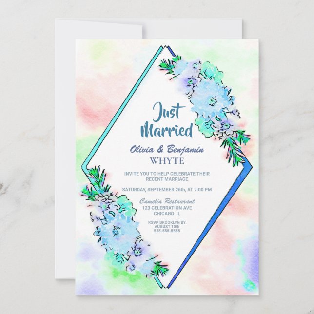 Invitación Recién Casados Recepción de Boda Floral Azul (Anverso)