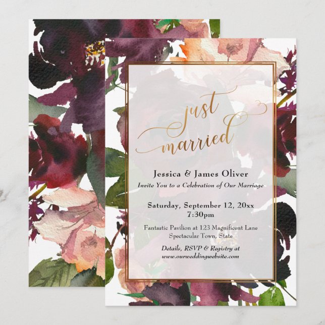 Invitación Recién Casados Script Dorado, Floral Burdeos Rojo  (Anverso / Reverso)