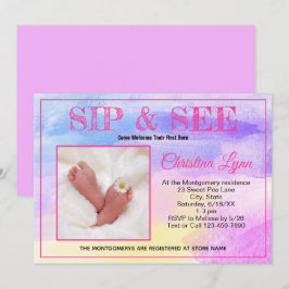 Invitación Recién nacido acuarela color rosa Sip y ver foto P