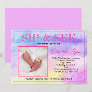 Invitación Recién nacido acuarela color rosa Sip y ver foto P