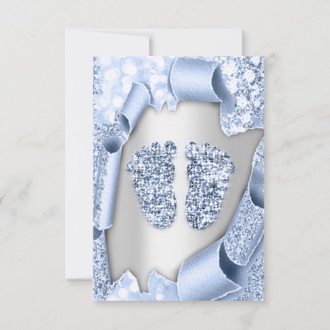 Invitación Recién nacido azul ducha pies de niño plateado (Reverso)