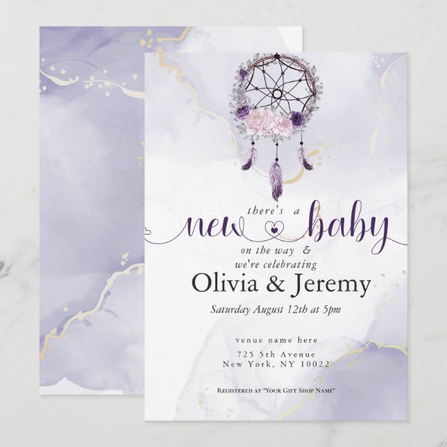 Invitación RECIÉN NACIDO BOHO Amethyst Dusty Rosa Dream Catch (Anverso / Reverso)