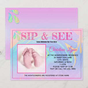 Invitación Recién Nacido con Ribete Rosa Beber y Ver Foto Per