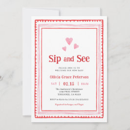 Invitación Recién nacido de corazón rosado y rojo Sip y ver