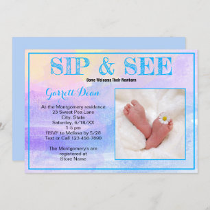 Invitación Recién nacido en azul "Sip and See" Personalizado