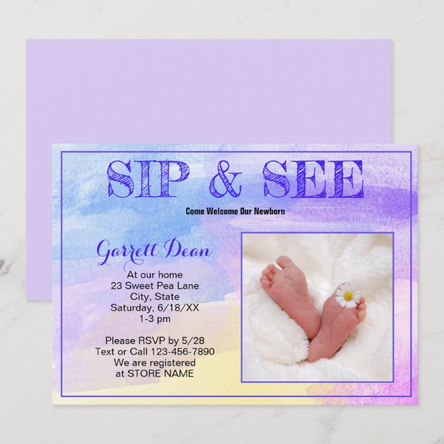 Invitación Recién nacido en Fiesta fotográfico morado "Sip an (Anverso / Reverso)