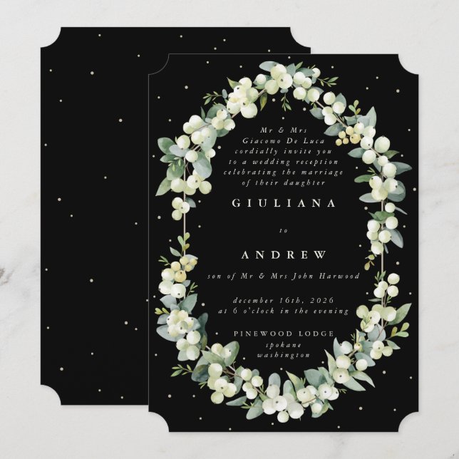 Invitación Recién recepción de bodas Black Snowberry+Eucalypt (Anverso / Reverso)