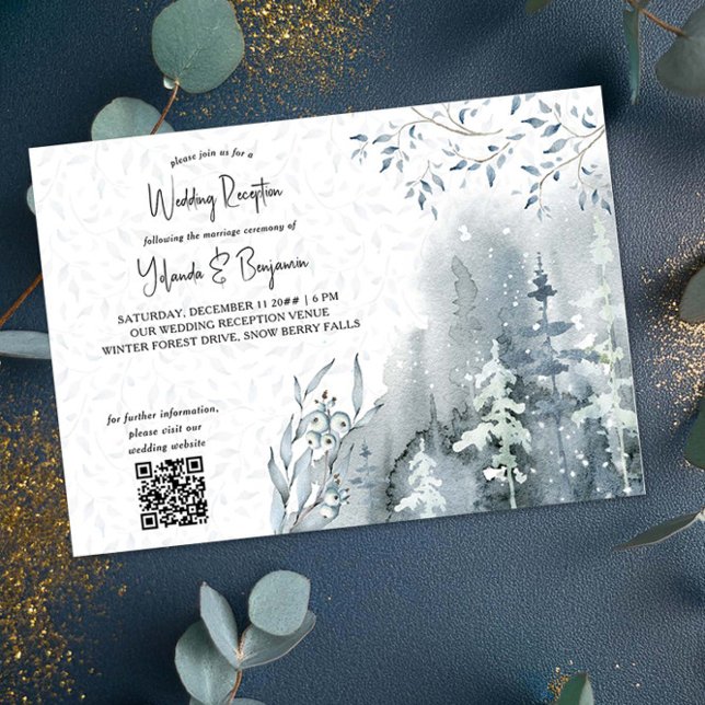 Invitación Recién recepción de bodas de invierno por el bosqu (Wedding Reception Invitation with qr code from the Snow Forest Wedding Collection by Darling & May)