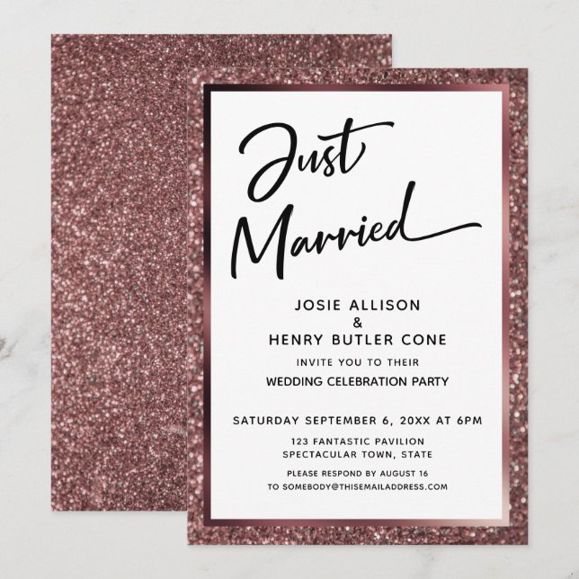 Invitación Recién Rosa con guión casado Purpurina de oro (Anverso / Reverso)