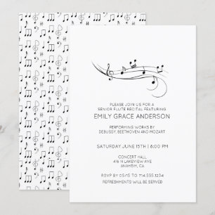 Invitación Recital de Flauta Notas Musicales Negro y Blanco