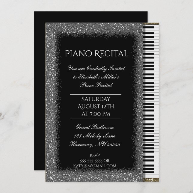 Invitación Recital de piano con Purpurina plateado sobre negr (Anverso / Reverso)