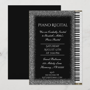 Invitación Recital de piano con Purpurina plateado sobre negr