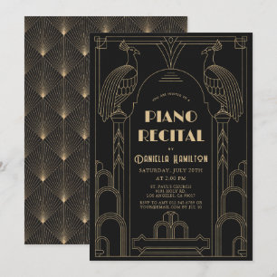 Invitación Recital de piano de pavo real negro Art Déco de lo