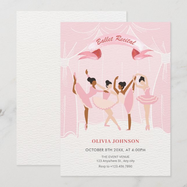Invitación Recito de ballet rosado (Anverso / Reverso)