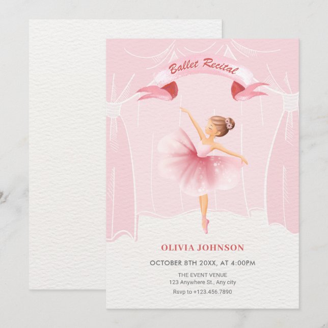 Invitación Recito de ballet rosado (Anverso / Reverso)