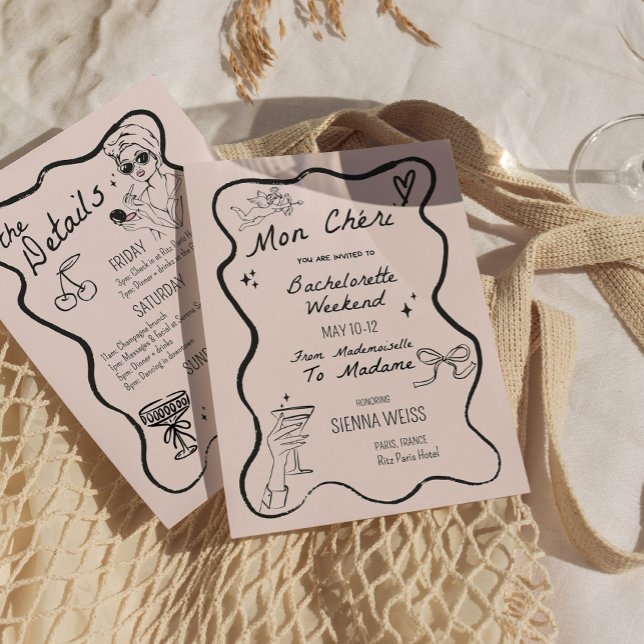 Invitación Recorrido de fin de semana de soltera Mon Cheri Wh (Bachelorette Weekend itinerary Mon Cheri Whimsical Invitation)