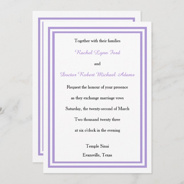 Invitación Recorte de lavanda doble -5x7Invitación a la boda (Anverso / Reverso)