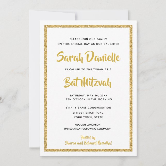 Invitación Rectángulo blanco y dorado Bat Mitzvah (Anverso)