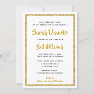 Invitación Rectángulo blanco y dorado Bat Mitzvah