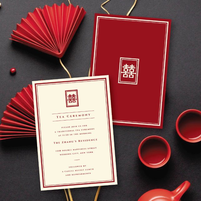 Invitación Rectángulo Clásico Ceremonia de Té de Doble Felici (Red/Ivory Classic Rectangle Double Happiness Tea Ceremony Enclosure Card @ fatfatin_red_knot)