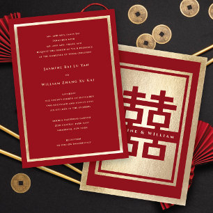 Invitación Rectángulo Clásico Doble Felicidad Boda China