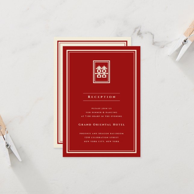 Invitación Rectángulo Clásico Doble Felicidad Boda China (Anverso/Reverso In Situ)