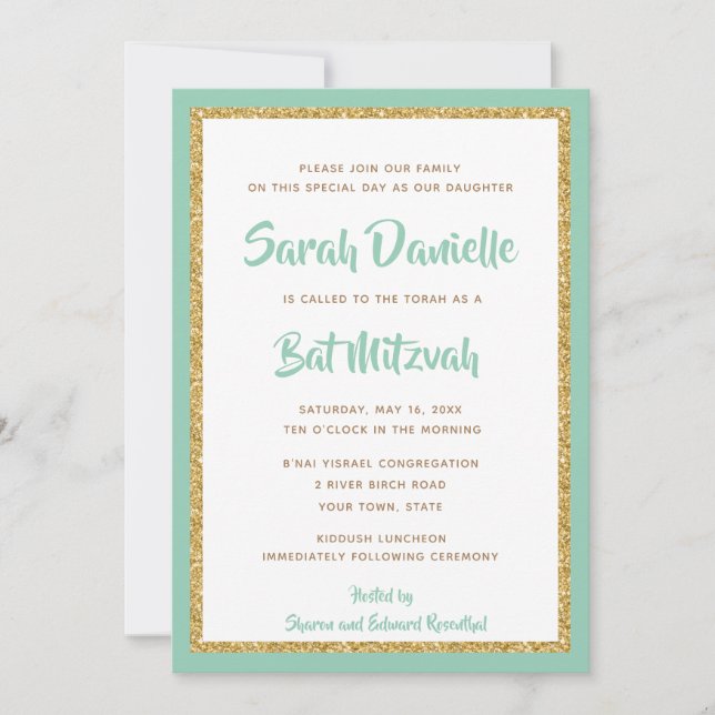 Invitación Rectángulo de Mint Green y Gold Purpurina Bat Mitz (Anverso)