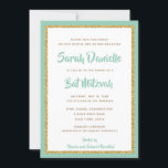Invitación Rectángulo de Mint Green y Gold Purpurina Bat Mitz<br><div class="desc">Esta invitación a la moda de Bat Mitzvah presenta un purpurina falso y brillante en una capa sobre un fondo de color sólido. Utilice el formulario de plantilla para agregar su propia información. La función "Personalizar" puede utilizarse para cambiar el estilo, el color y la disposición del tipo de letra....</div>