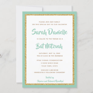 Invitación Rectángulo de Mint Green y Gold Purpurina Bat Mitz