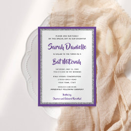 Invitación Rectángulo púrpura y plateado de Bat Mitzvah Purpu